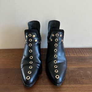 Black Leather Ankle Boots with Gold Accents